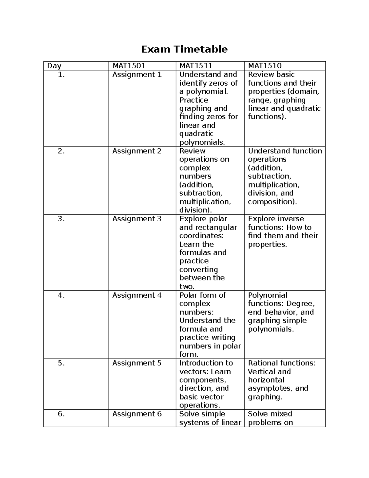 Exam Timetable - Exam Timetable Day MAT1501 MAT1511 MAT 1. Assignment 1 ...