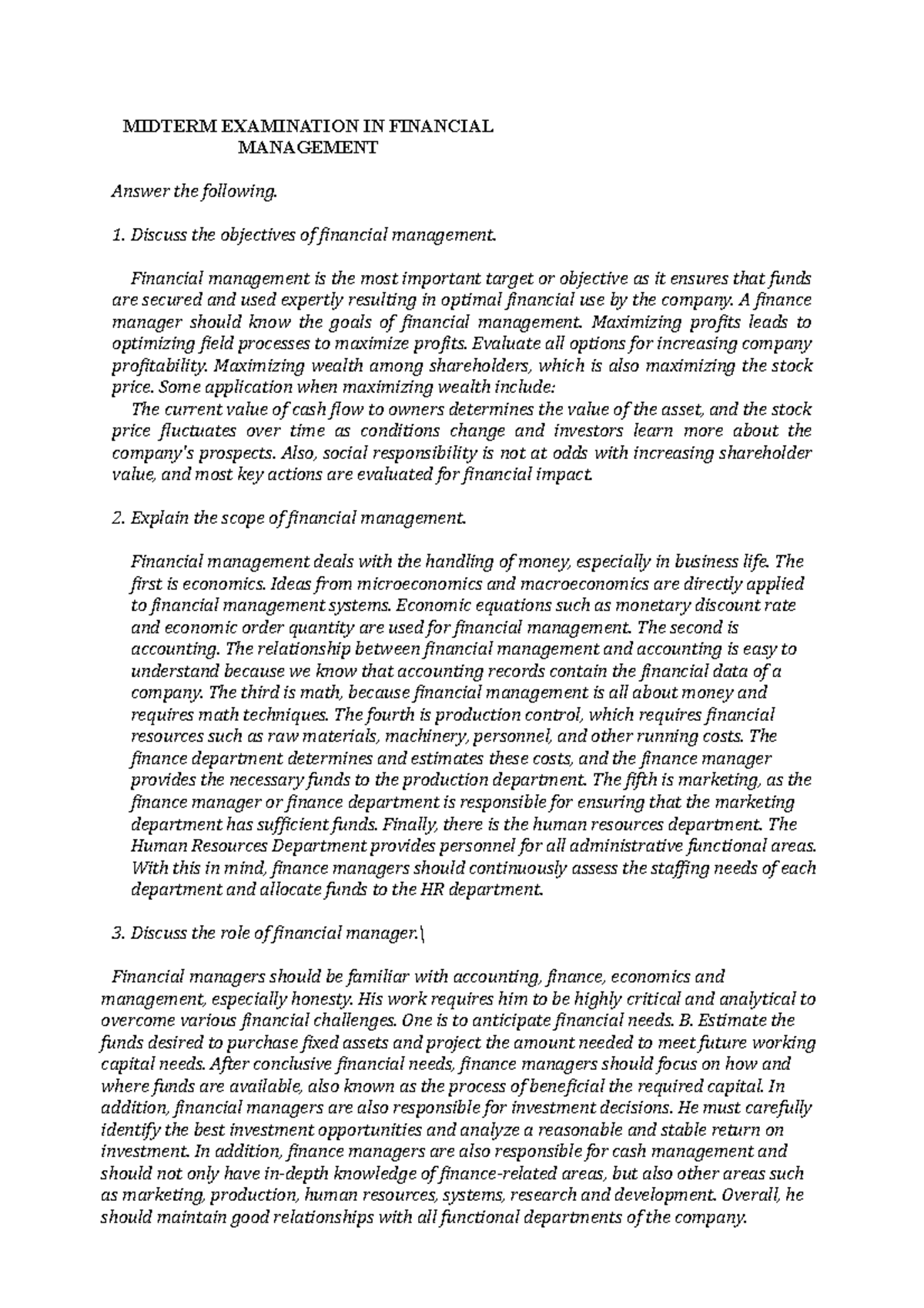 Midterm Exam Study Notes for FM 101 - Financial Management - Studocu