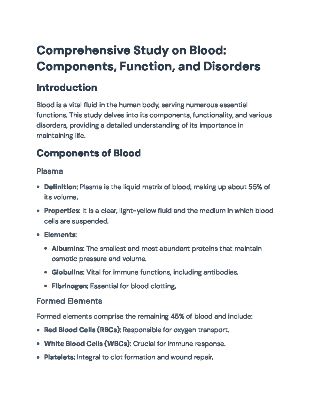 Comprehensive Study on Blood: Functions, Components & Disorders (BIO101 ...