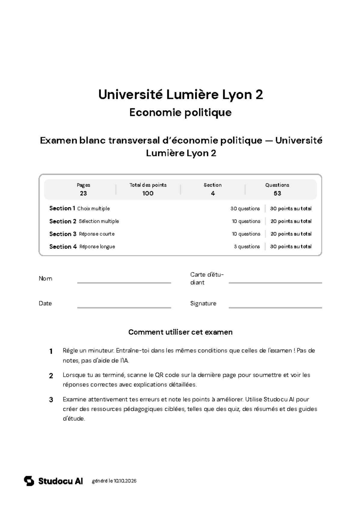 Examen Blanc d'Économie Politique - Université Lumière Lyon 2 - Studocu