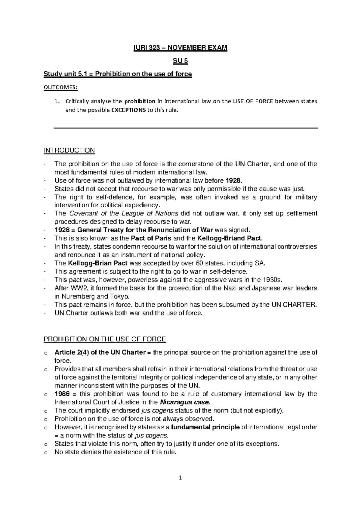 IURI 323 SU 5 - Prohibition on the Use of Force in International Law ...