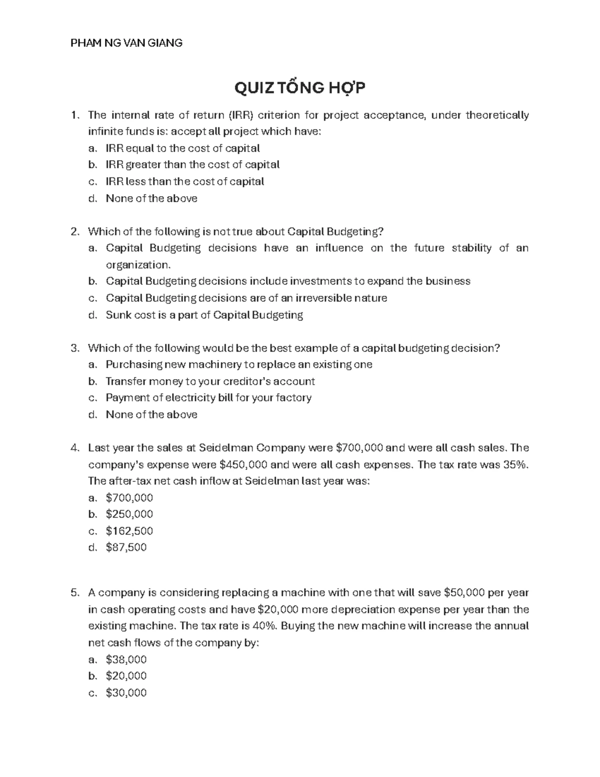 Final Revision on Capital Budgeting and Investment Criteria (FIN 101) -  Studocu