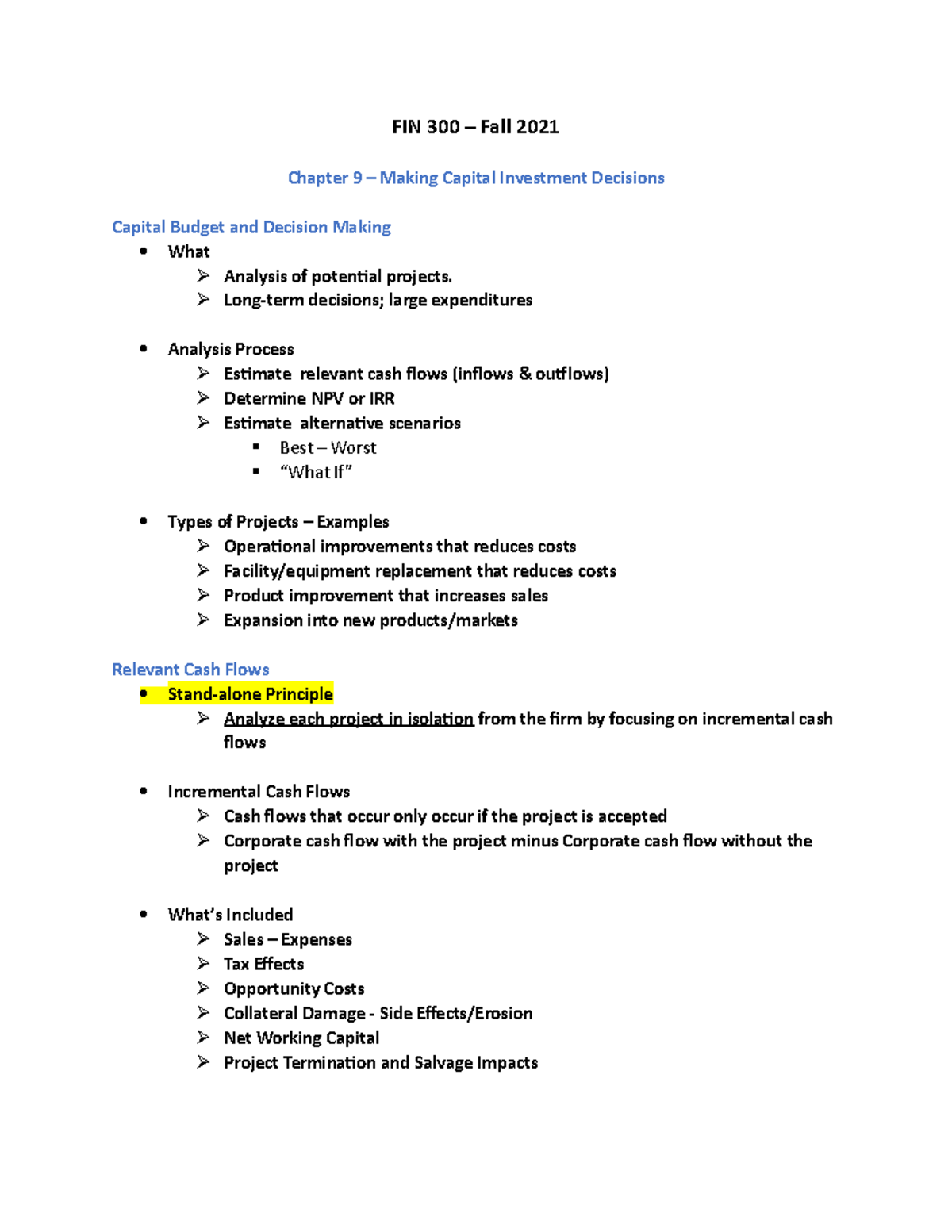 FIN 300 Chapter 9: Capital Investment Decision-Making Guide - Studocu