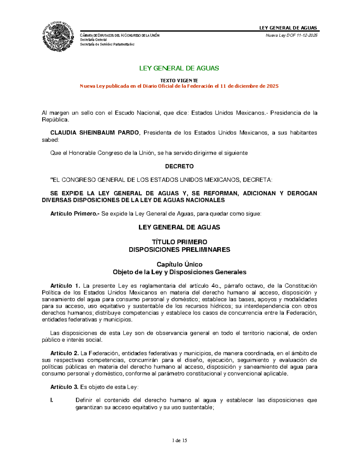 Ley General de Aguas: Texto Vigente y Disposiciones Clave - Studocu