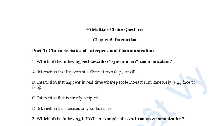 45 MCQs for Chapter 6: Interpersonal Communication & Interaction - Studocu