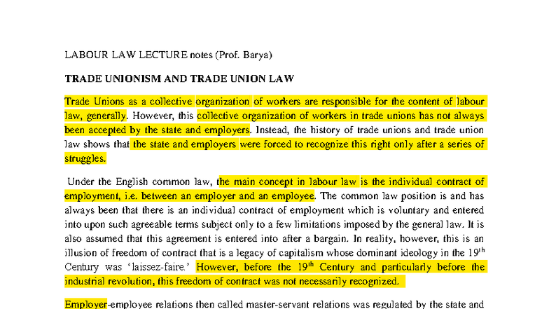 Labour Law LECTURE Notes: Trade Unionism & Legislation Overview - Studocu