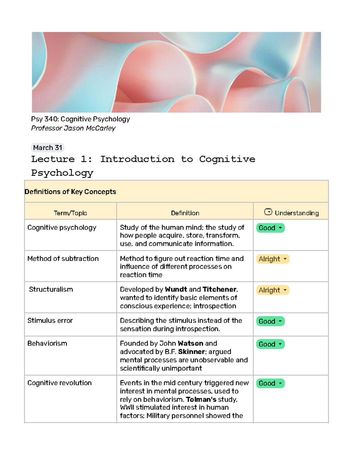 Psy 340: Cognitive Psychology Lecture 1 Notes - Key Concepts ...