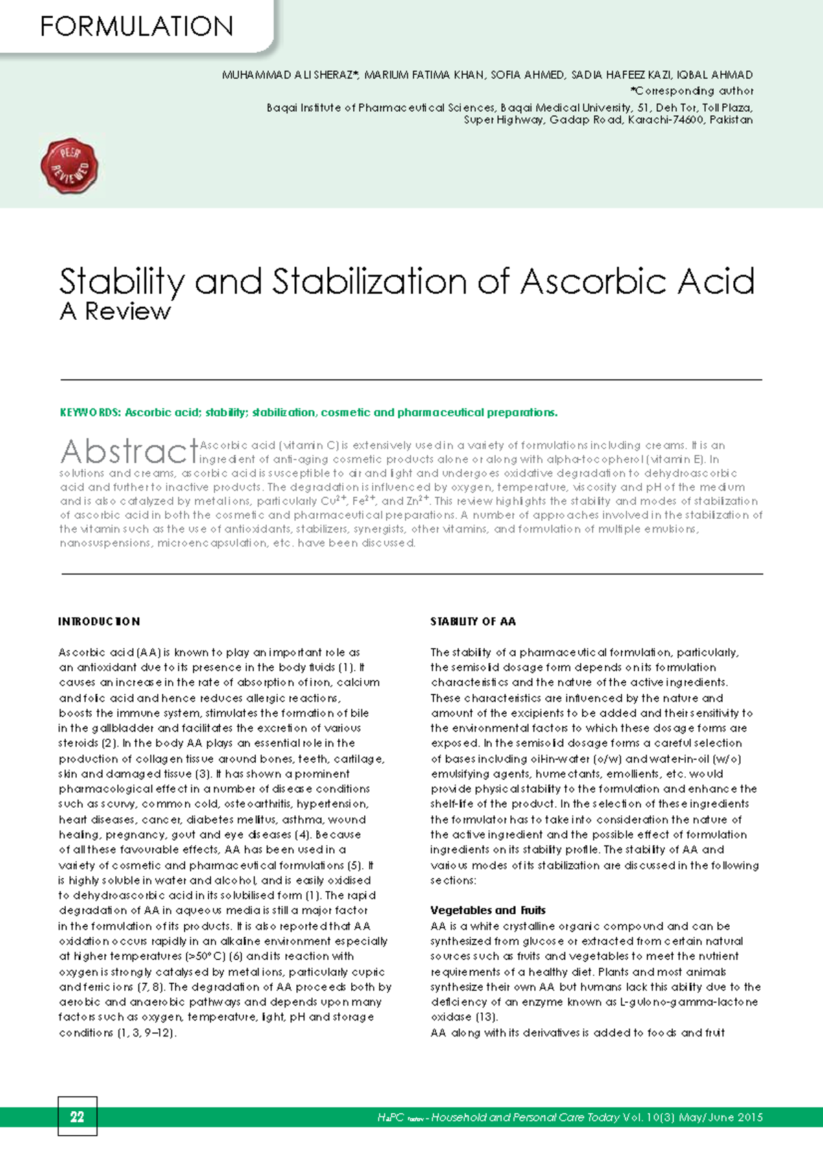 Stability and Stabilization of Ascorbic Acid: A Review (PHAR 101) - Studocu