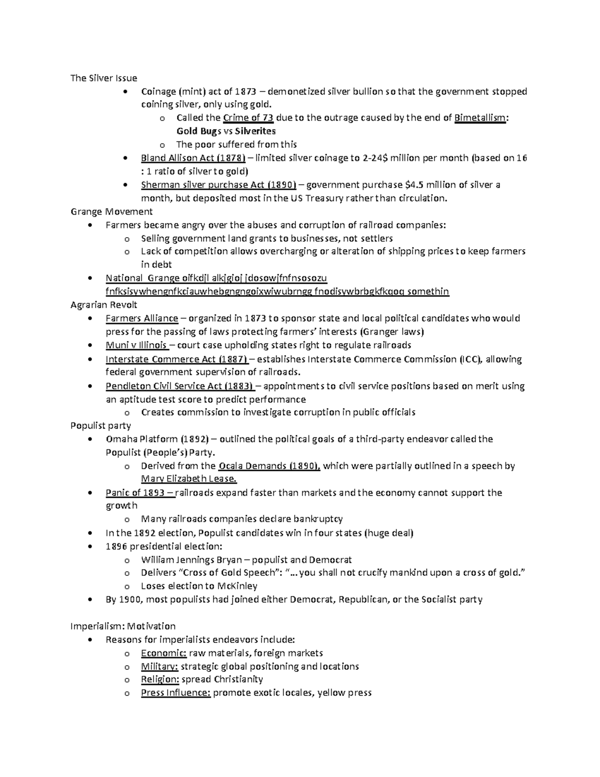APUSH CH 19-20 Notes: Key Events and Movements of the Late 1800s - Studocu