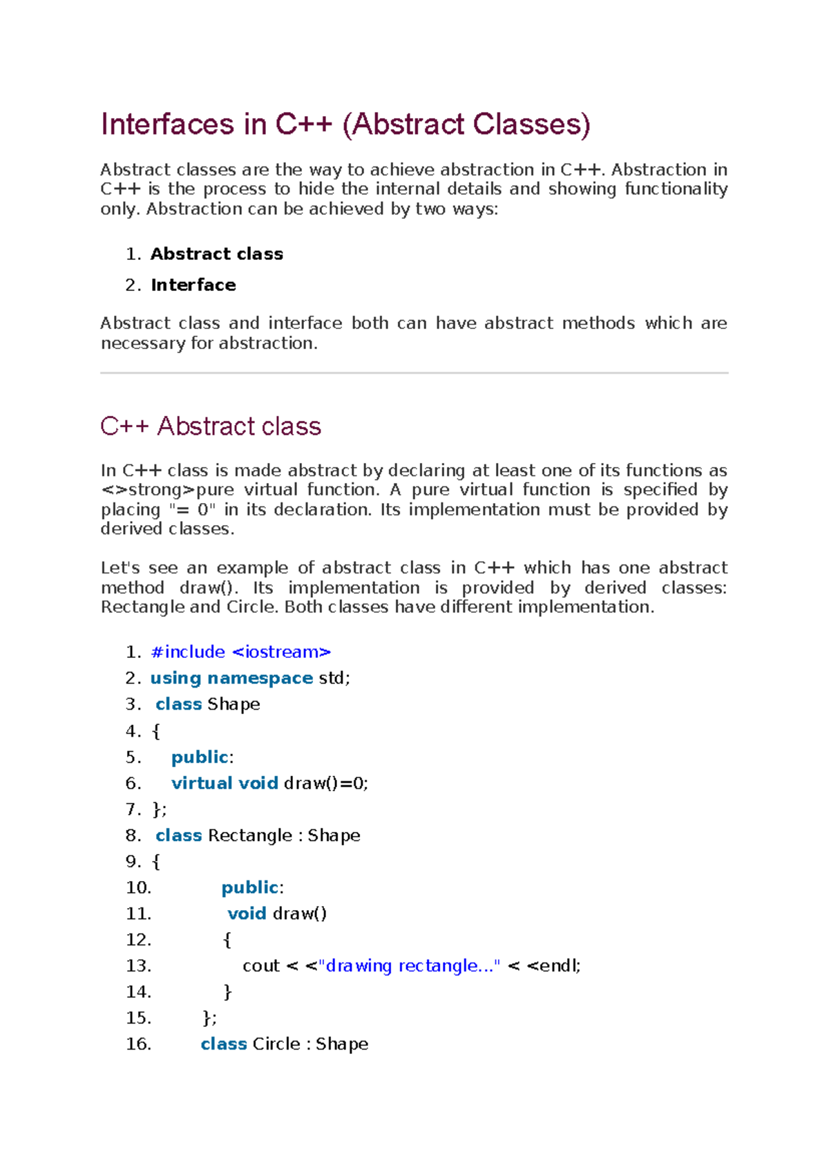 Interfaces and Abstract Classes in C++ (CS101 Lecture Notes) - Studocu