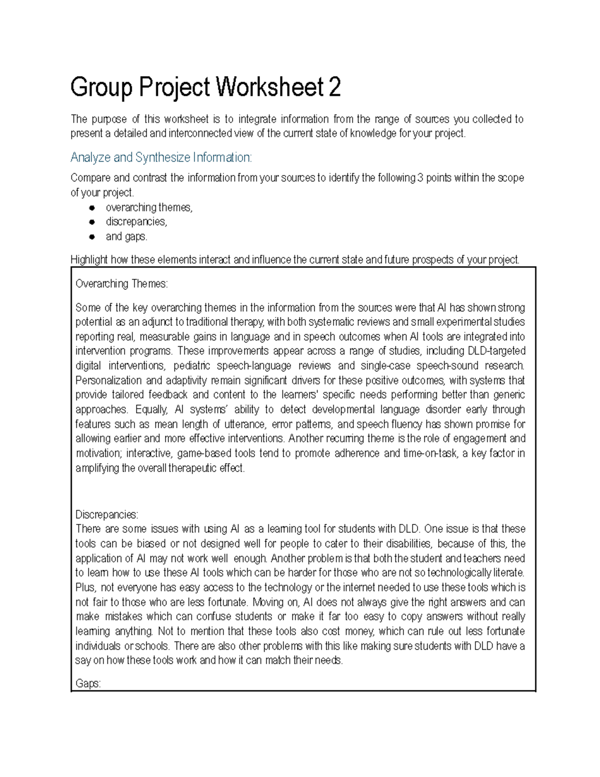 Group Project Worksheet 2: Analyzing AI in Therapy for DLD - Studocu