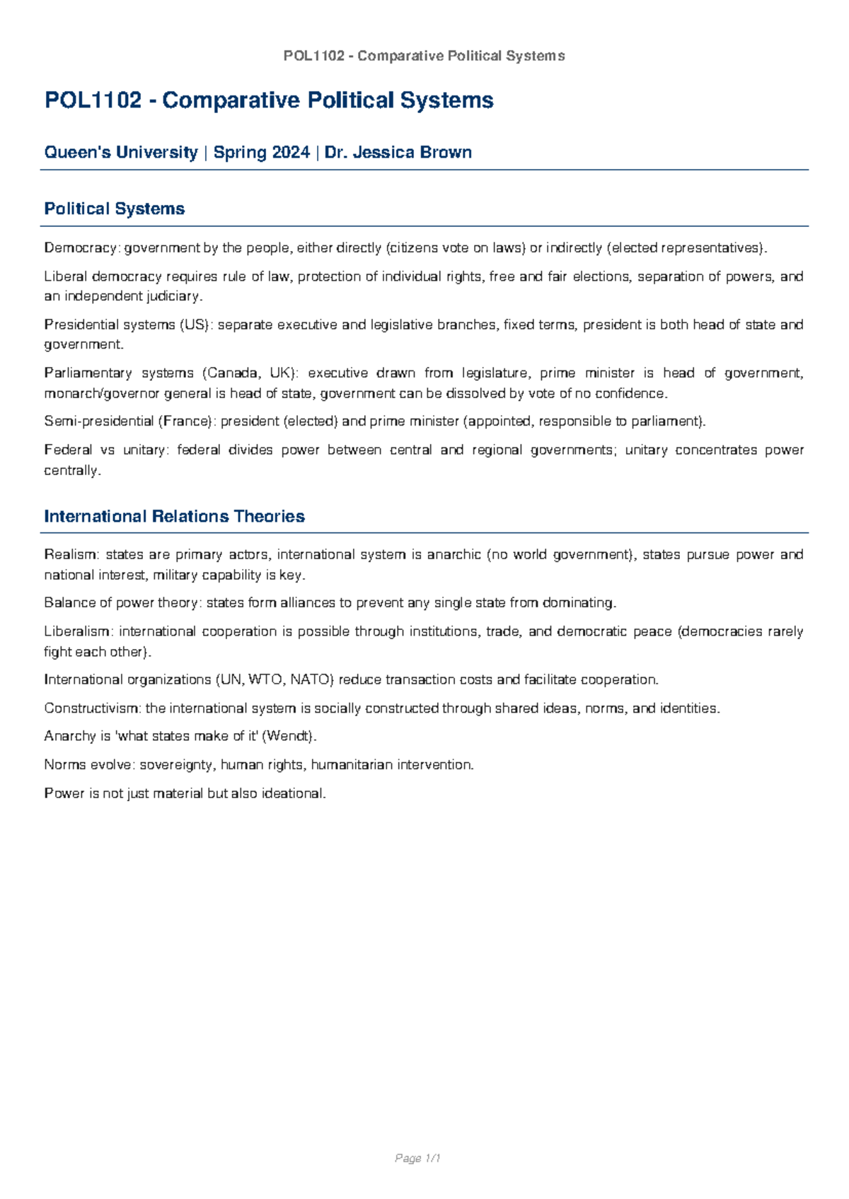 POL1102 - Comparative Political Systems Overview and Key Concepts - Studocu
