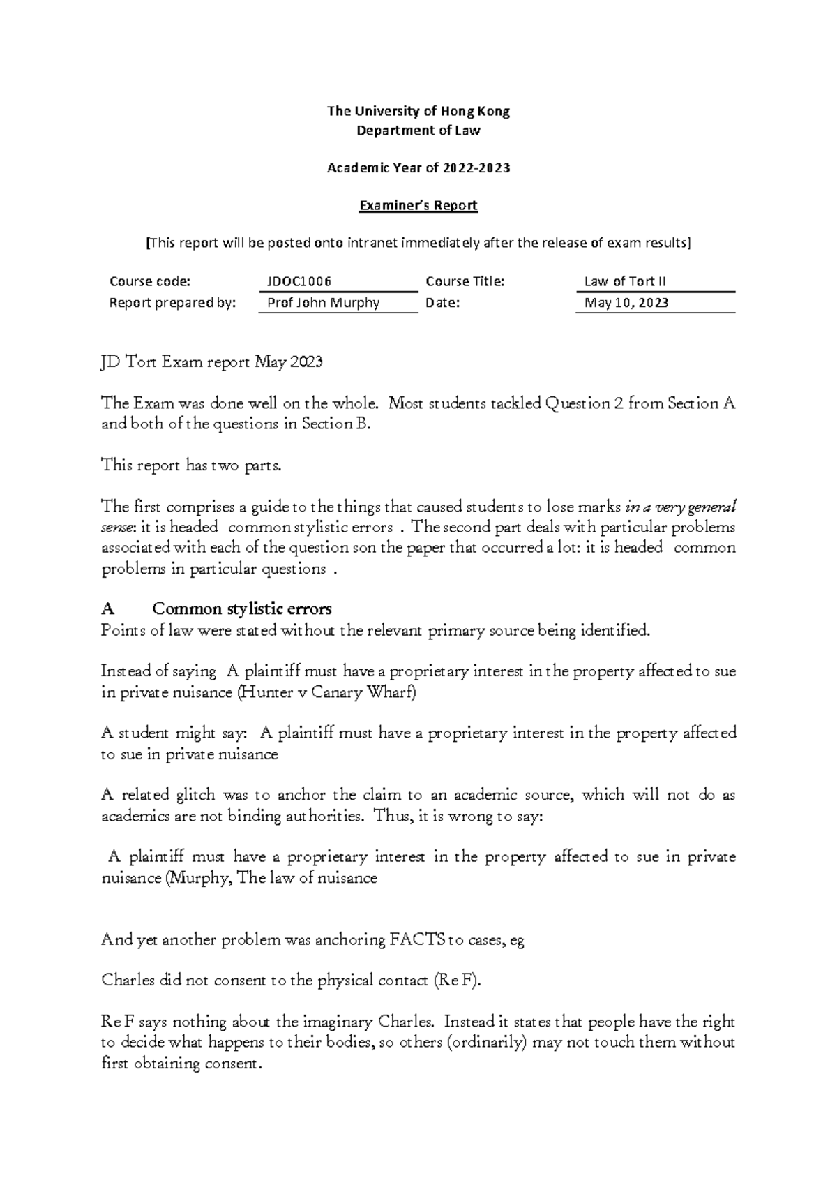 JDOC1006 Law of Tort II Exam Report - May 2023 Analysis - Studocu