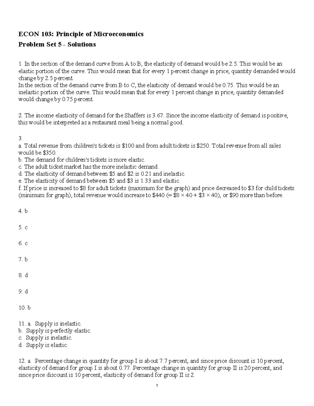 ECON 103: Microeconomics Problem Set 8 Solutions and Analysis - Studocu