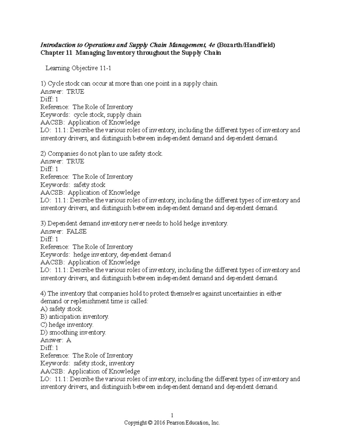 practice questions for chapter 11 - Introduction to Operations and ...
