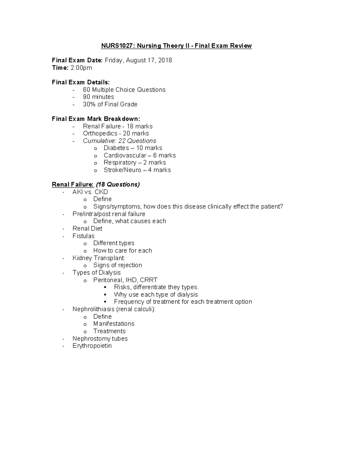 NURS1027 - Comprehensive Review for Final Exam in Nursing Theory II ...