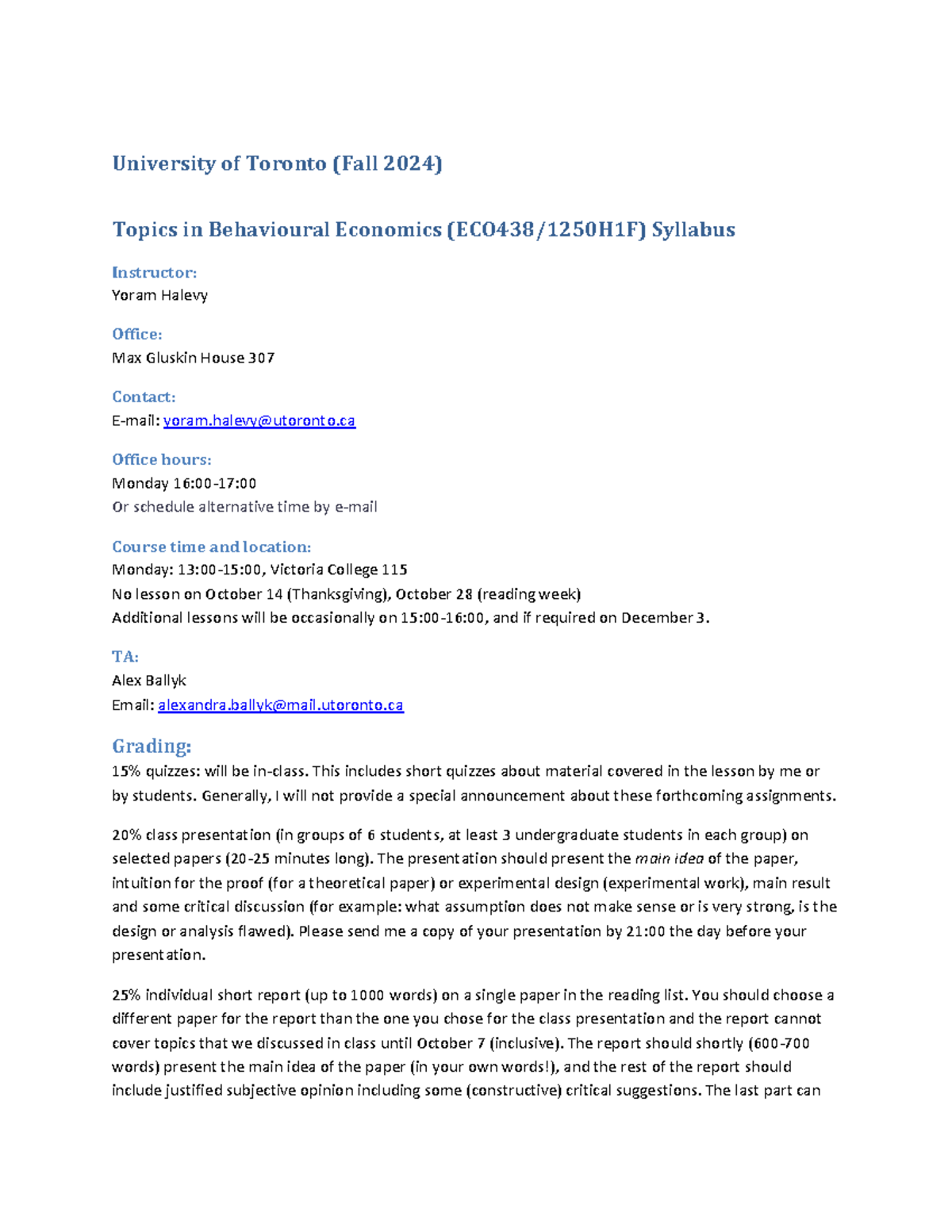 University of Toronto (Fall 2024) Behavioural Economics Syllabus - Studocu