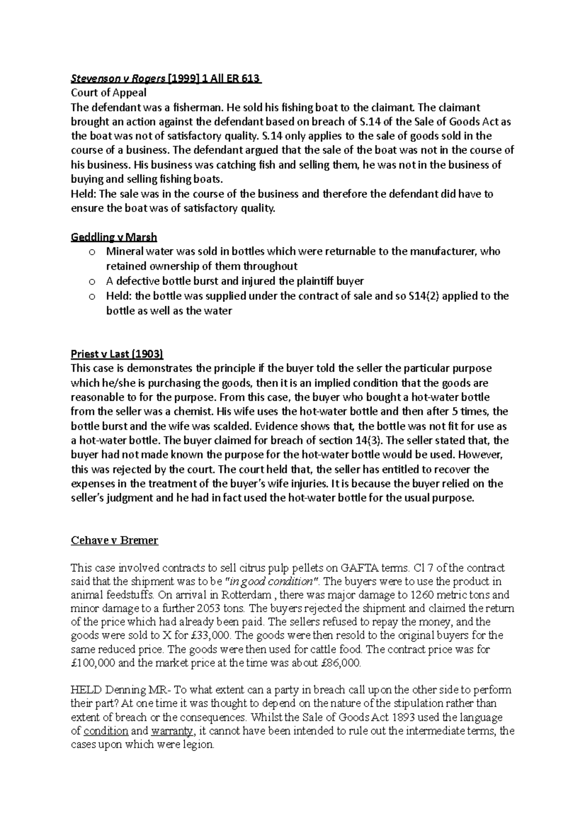 Case Law Analysis on Merchantable Quality Under Sale of Goods Act - Studocu
