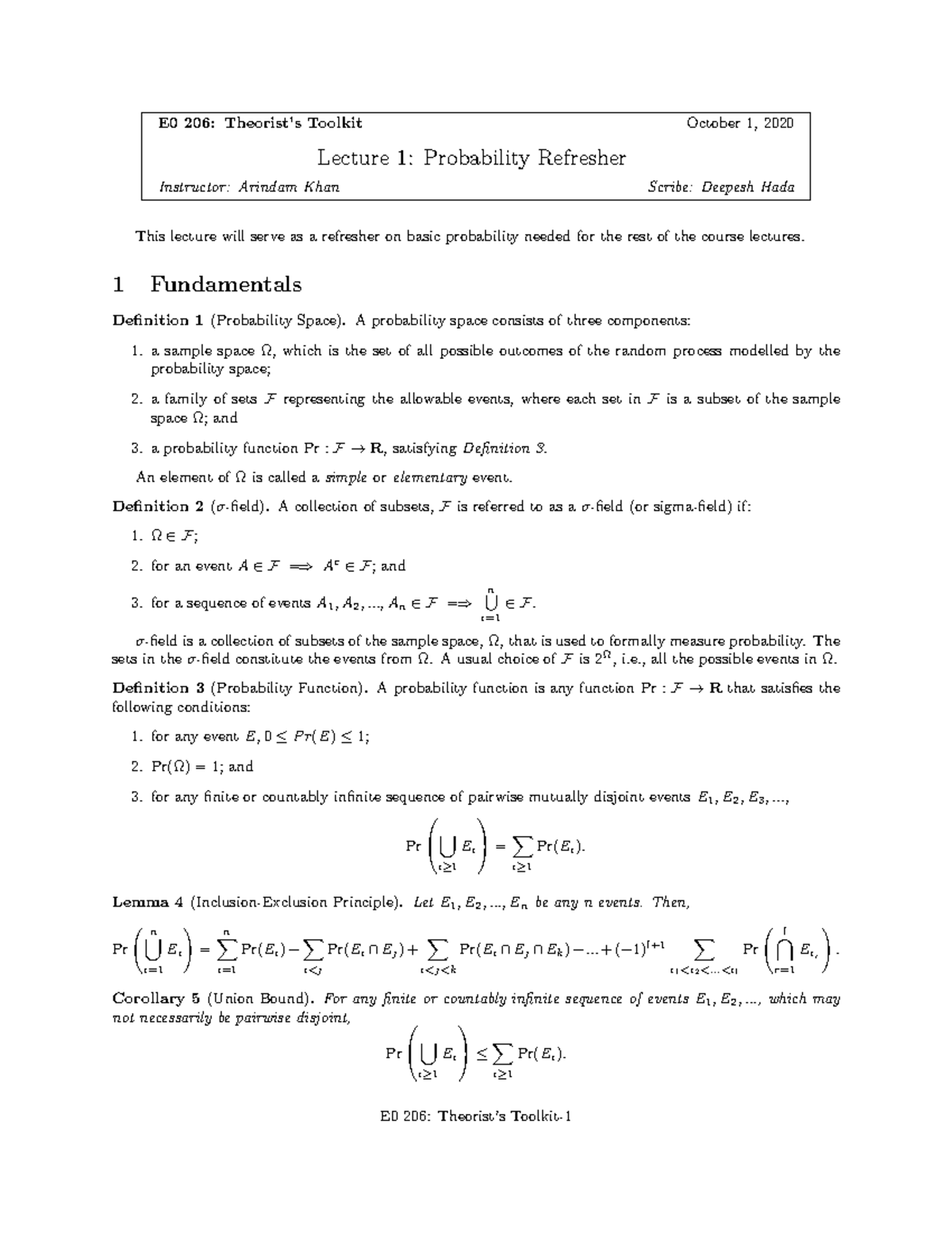 E0 206 - Lecture 1: Probability Refresher on Randomized Algorithms ...