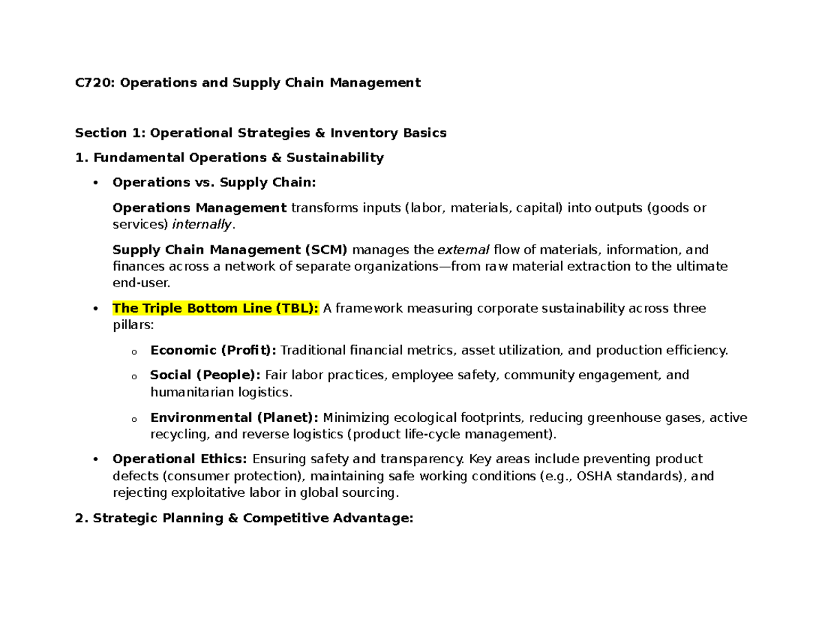 C720: Final Exam Study Guide for Operations & Supply Chain Management ...