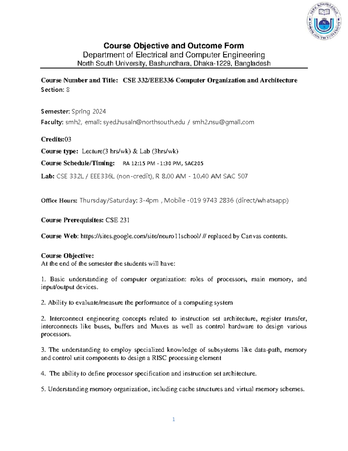 CSE332 ECE Sec 8 Spring 2024 Course Objectives & Outcomes Overview ...