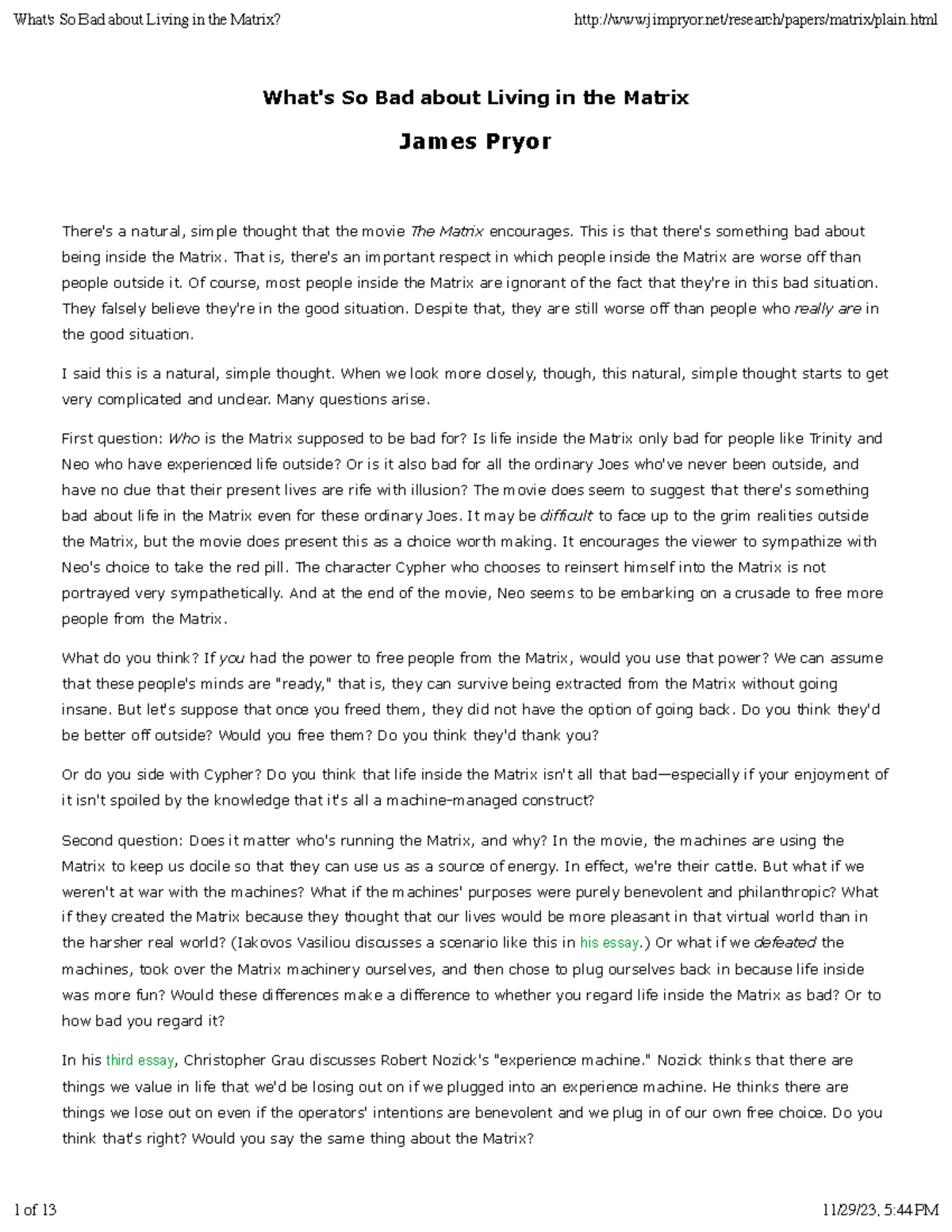 What’s Wrong with Living in the Matrix? - PHIL 101 Lecture Notes - Studocu