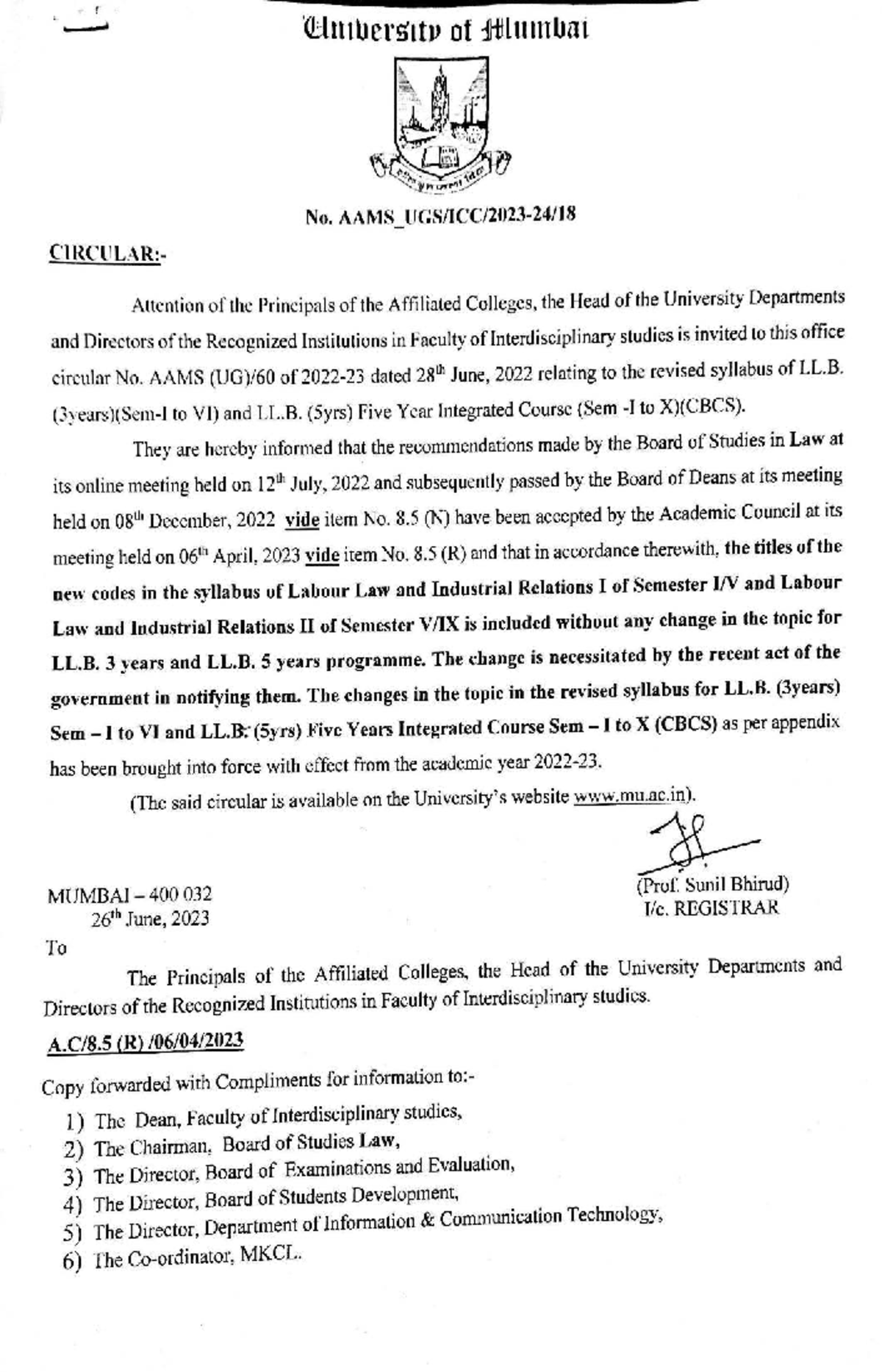 FY LLB Semester 1 Syllabus - MU Circular 26-06-2023 - Studocu