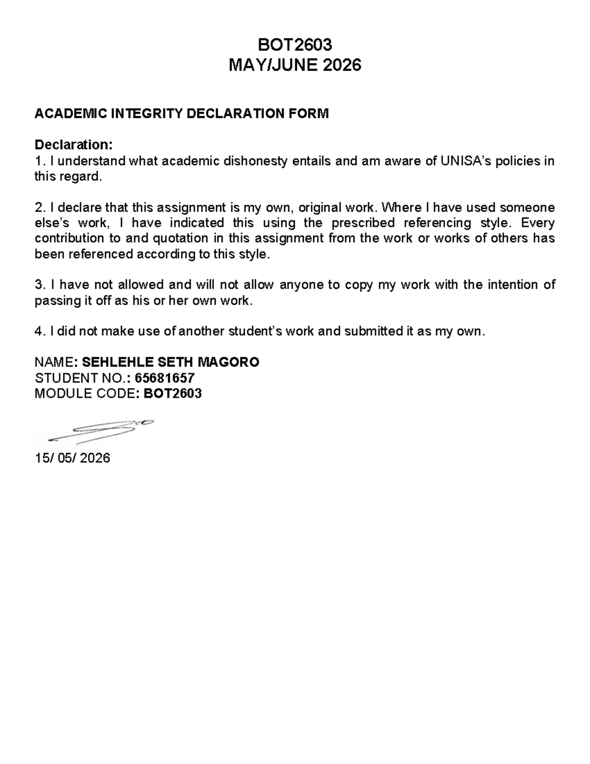 BOT2603 2026 ACADEMIC INTEGRITY DECLARATION FORM & EXAM Script - Studocu