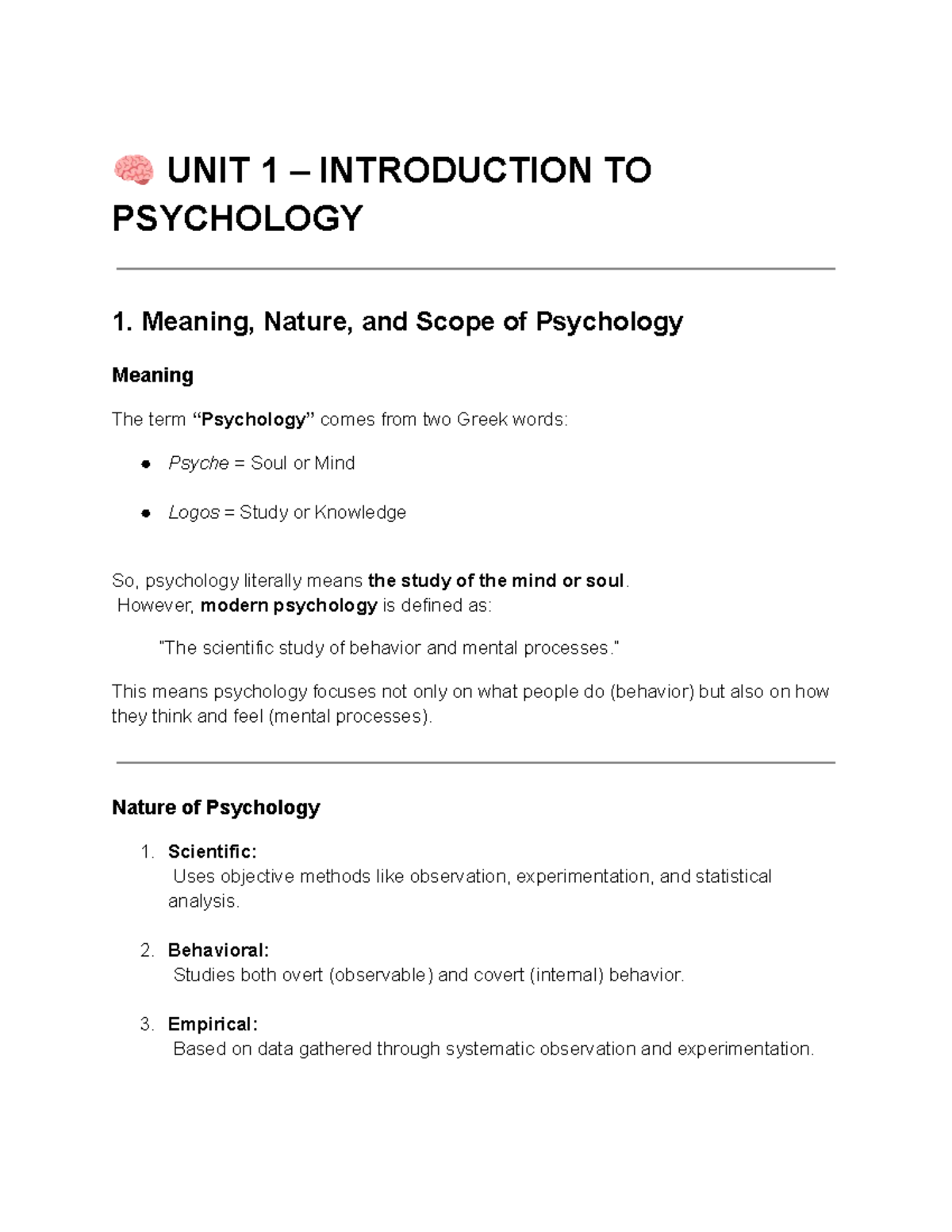 UNIT 1: INTRODUCTION TO PSYCHOLOGY - Key Concepts and Research Methods ...