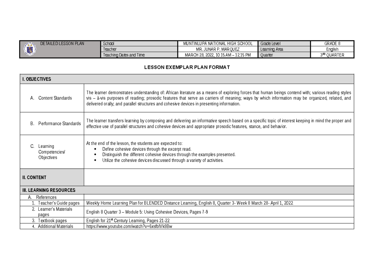 Demo Teaching Lesson Exemplar Jpmarquez - DETAILED LESSON PLAN School ...