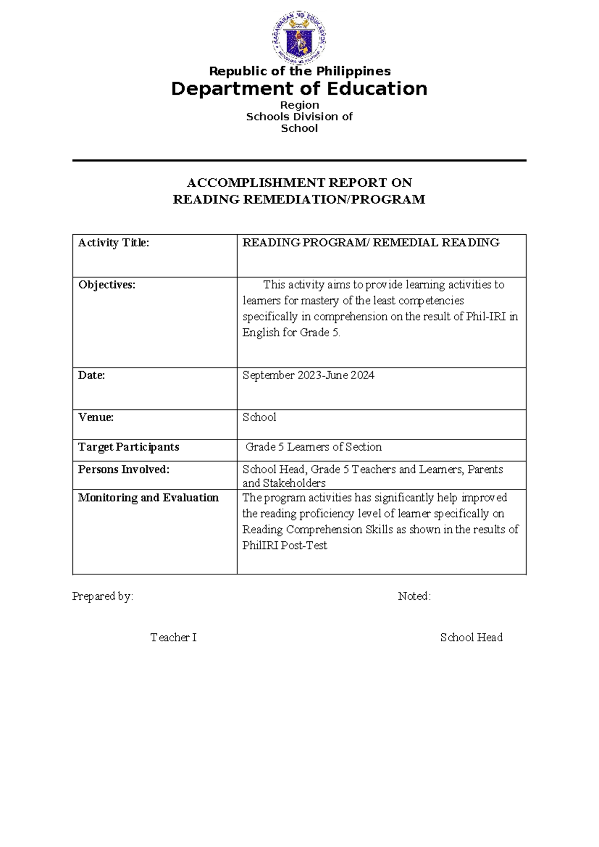 Accomplishment Report: Grade 5 Reading Program Remediation 2023-2024 ...