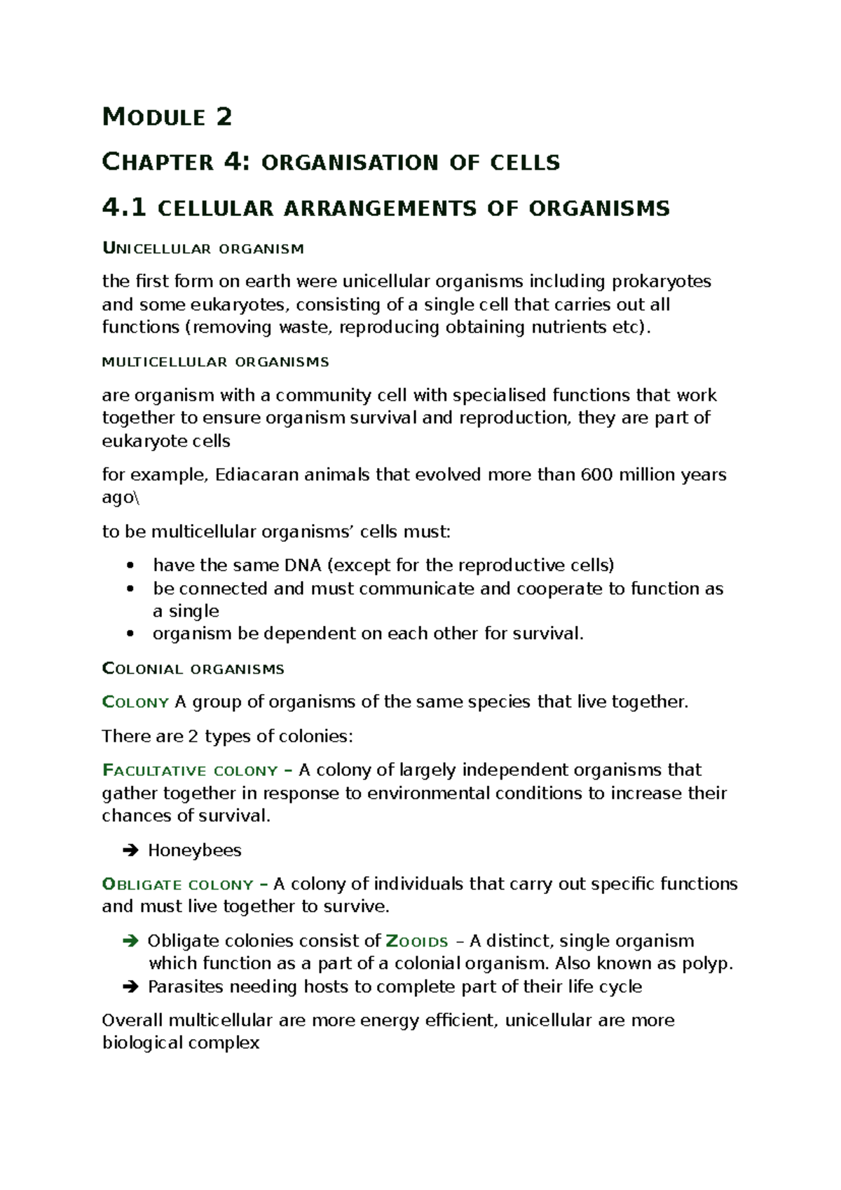 MODULE 2 CHAPTER 4: CELL ORGANISATION IN UNICELLULAR & MULTICELLULAR ...