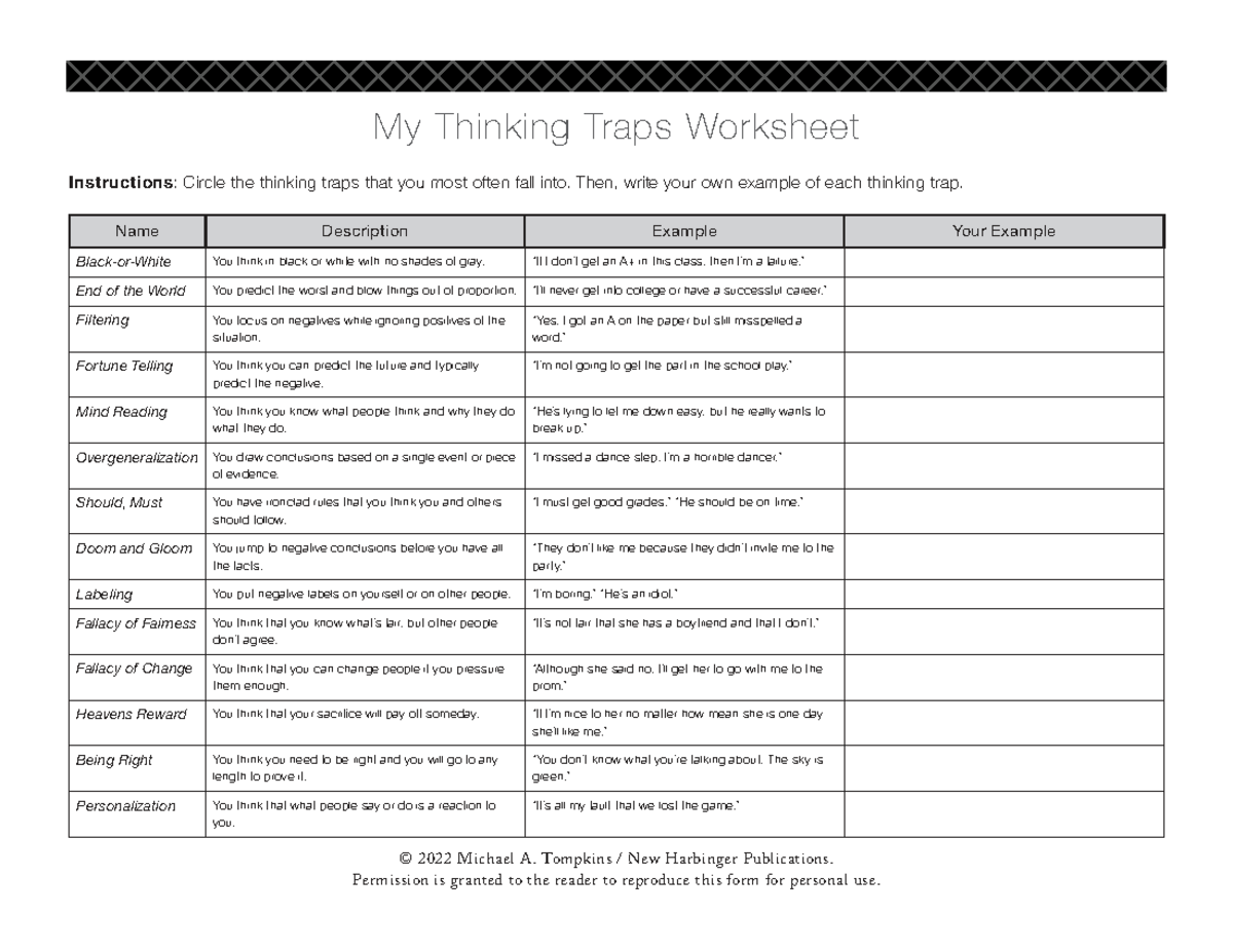 Thinking Traps Worksheet Instructions and Examples - Studocu