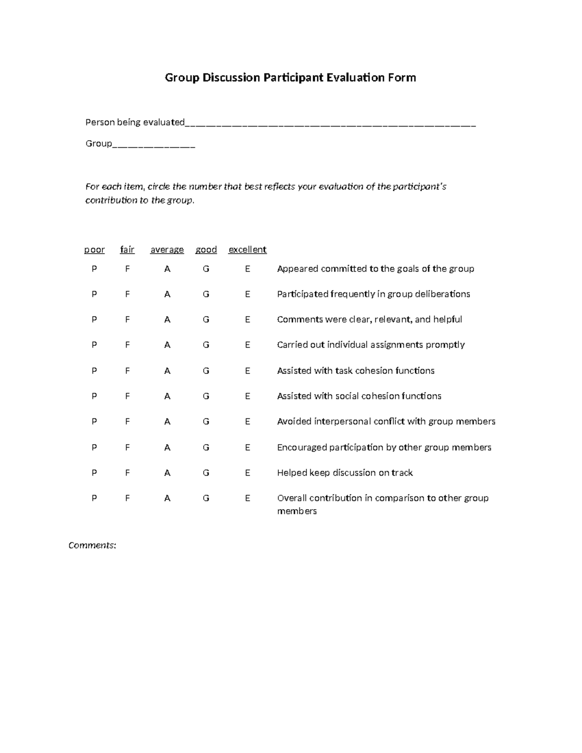 Group Discussion Participant Evaluation Form (GD 101) - Studocu