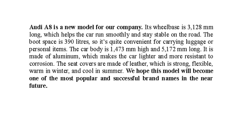 Writing Task 6: Audi A8 Model Overview - Unit 5 - Studocu