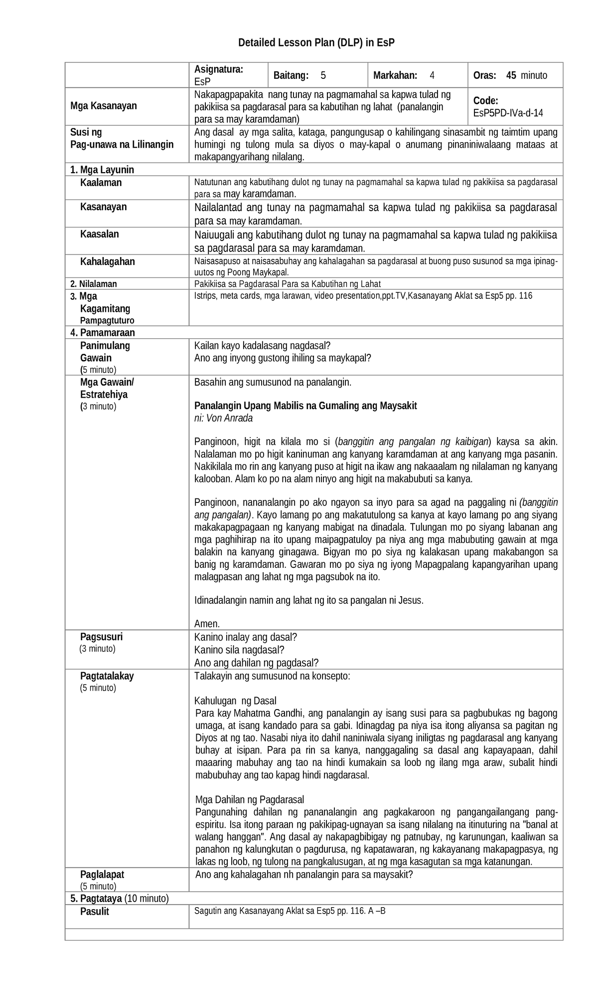 Detailed Lesson Plan (DLP) sa EsP: Pagdarasal para sa Kabutihan - Studocu