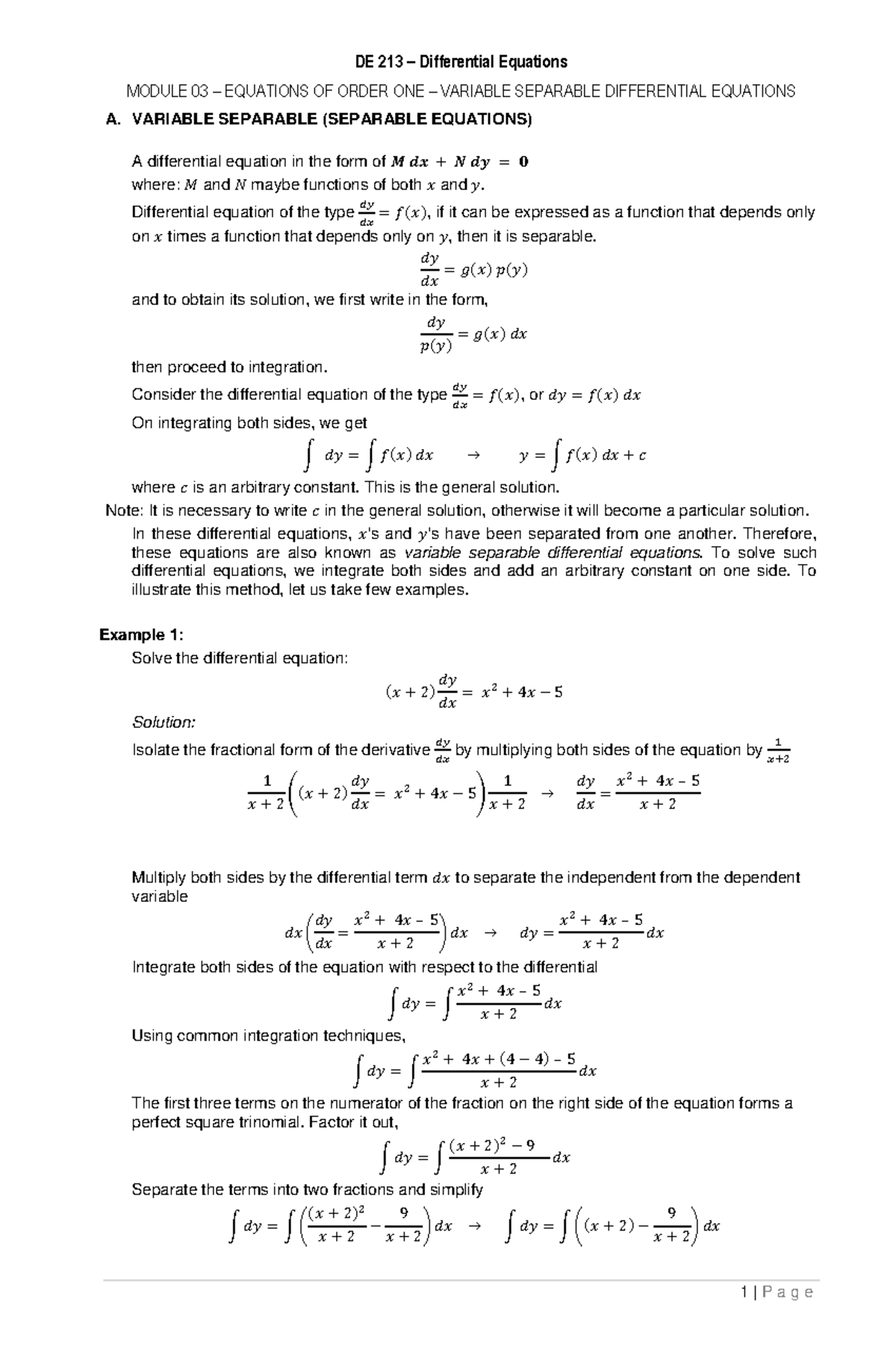 Equations of Order One Variable Separable Differential Equations ...