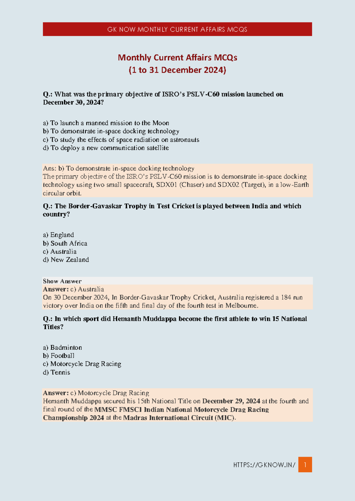 MCQ Current affairs 1 to 31 December - Monthly Current Affairs MCQs (1 ...
