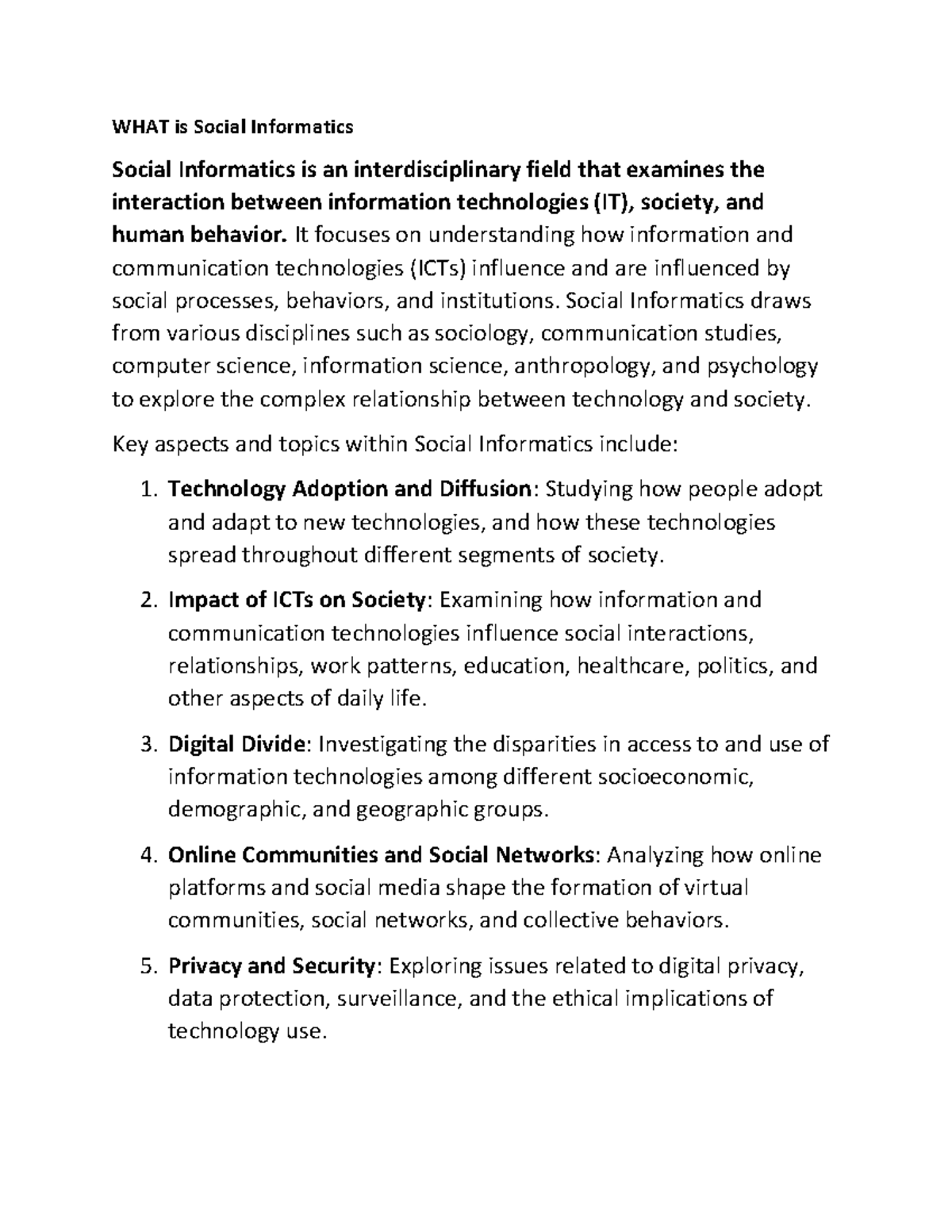Social Informatics Overview and Key Themes Summary - Studocu