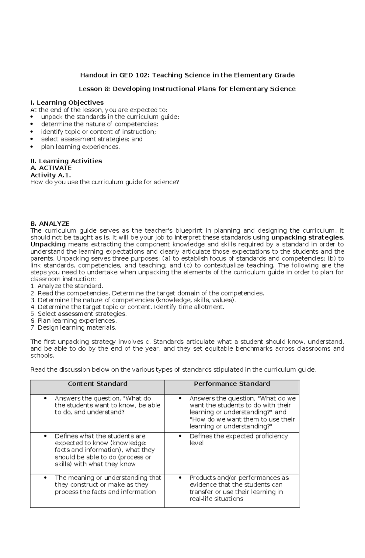 GED 102: Lesson 8 Handout on Developing Instructional Plans for Science ...
