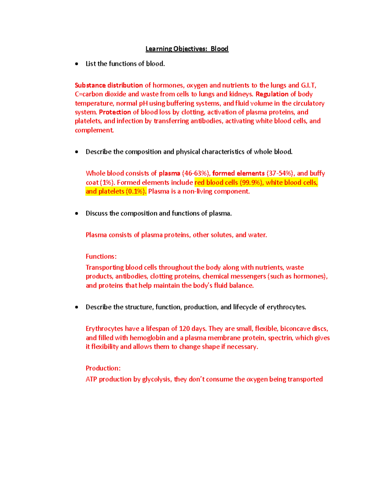 Blood Physiology and Circulatory System Functions - Lecture Notes (BIO ...