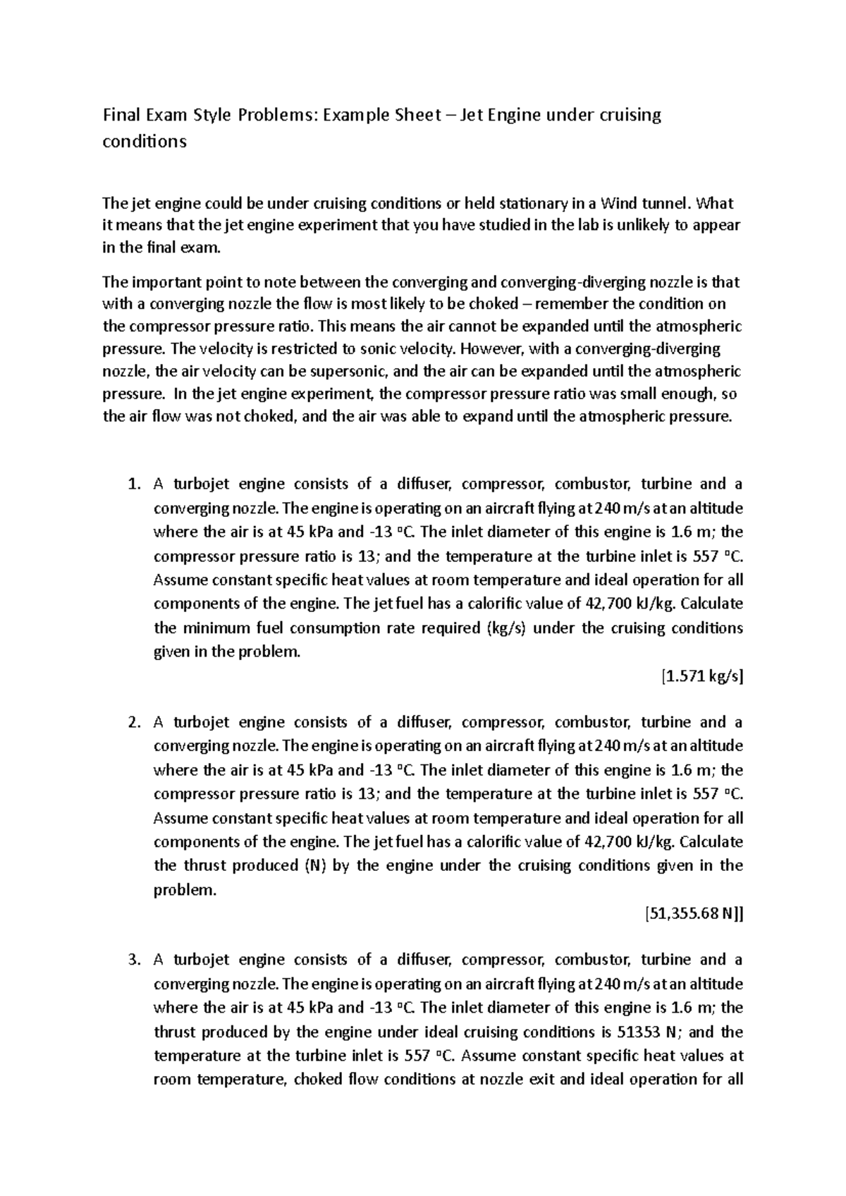 Final Exam Problems: Jet Engine Calculations Sheet - AER301 - Studocu