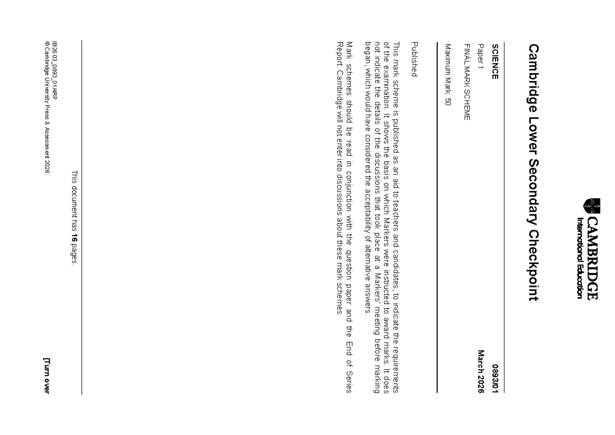 Cambridge Lower Secondary Checkpoint SCIENCE March 2026 Paper 1 Mark ...
