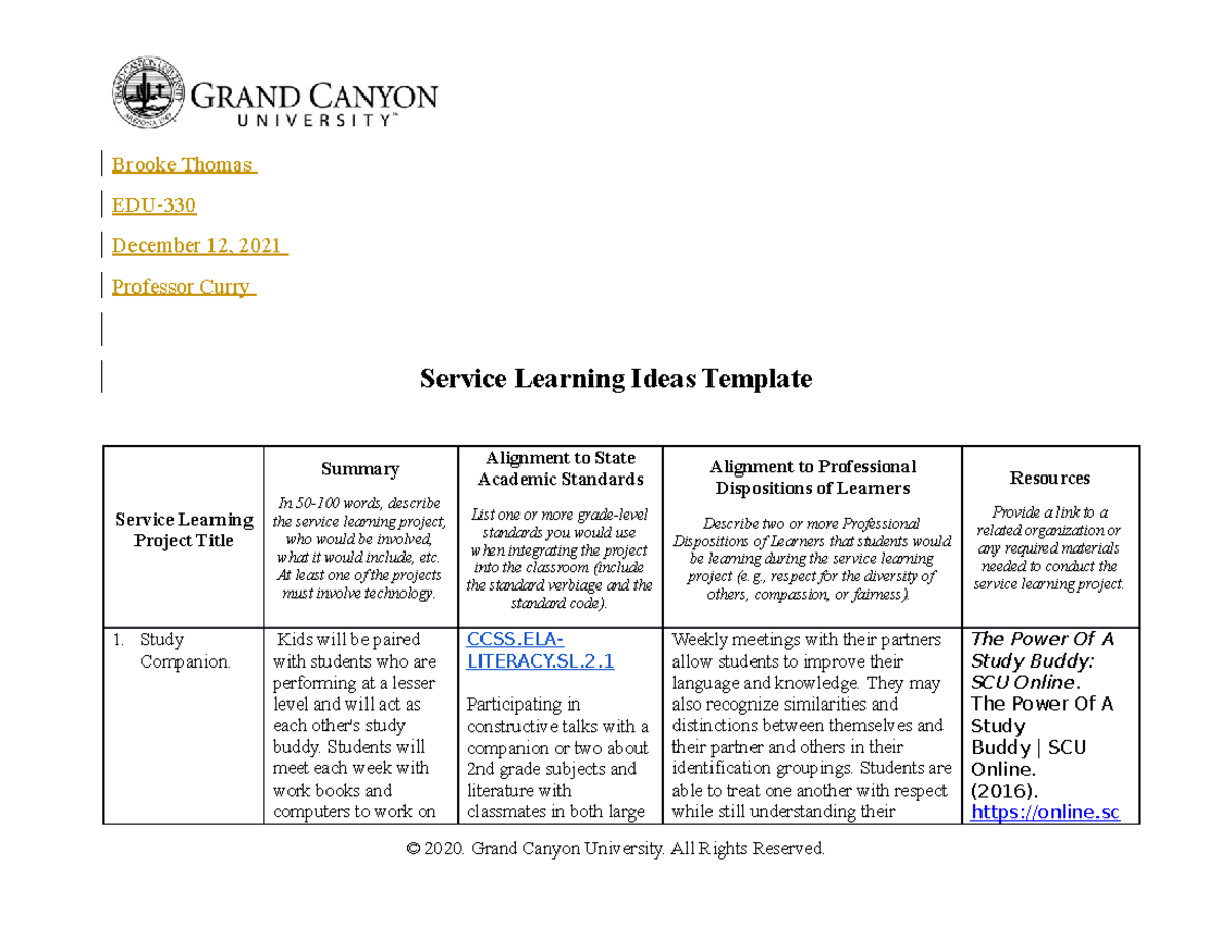 EDU 330 T4 Service Learning Project Ideas & Template (BT) - Studocu