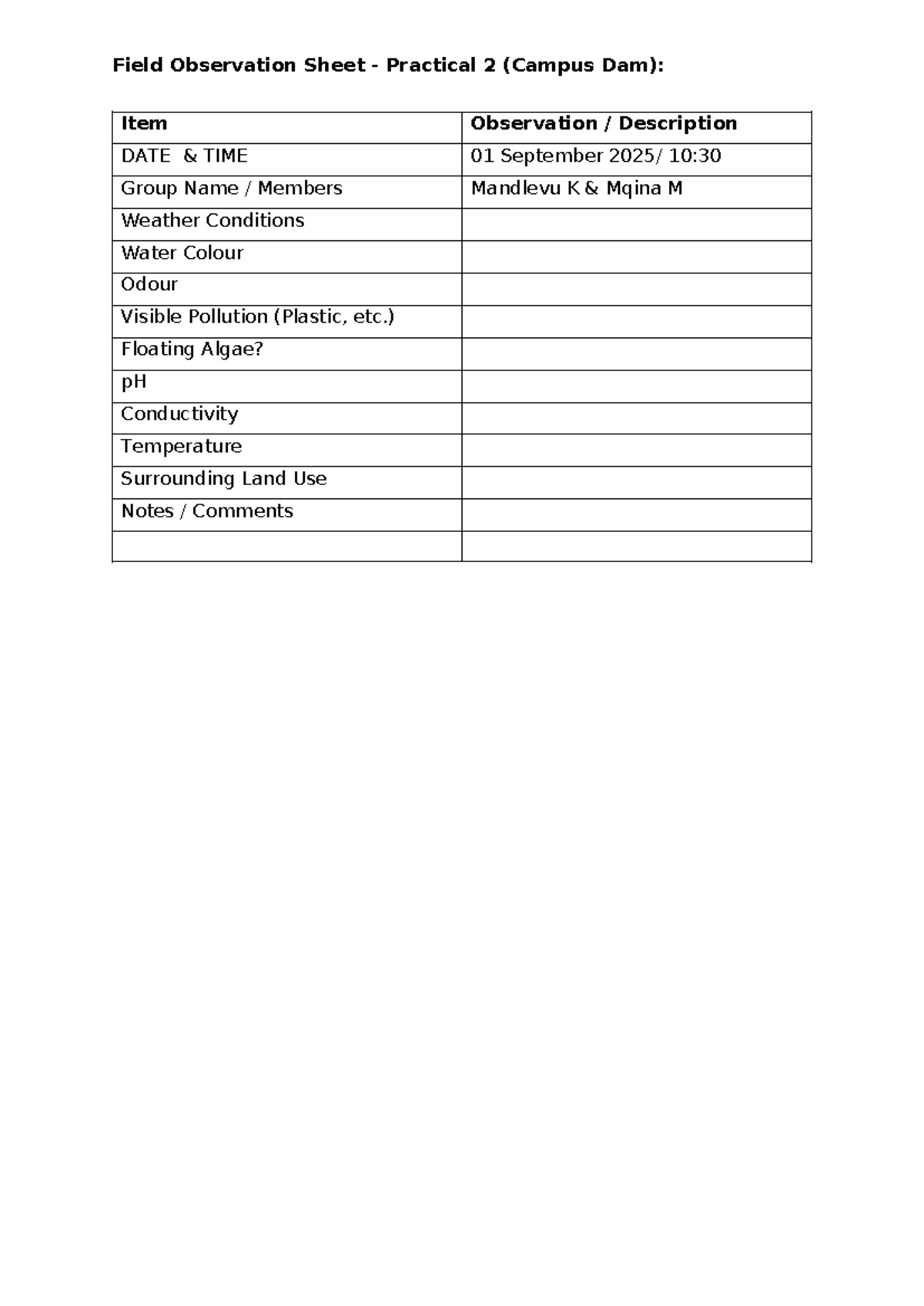 Water Quality Practical 2 - S4 - Field Observation Sheet - Practical 2 ...