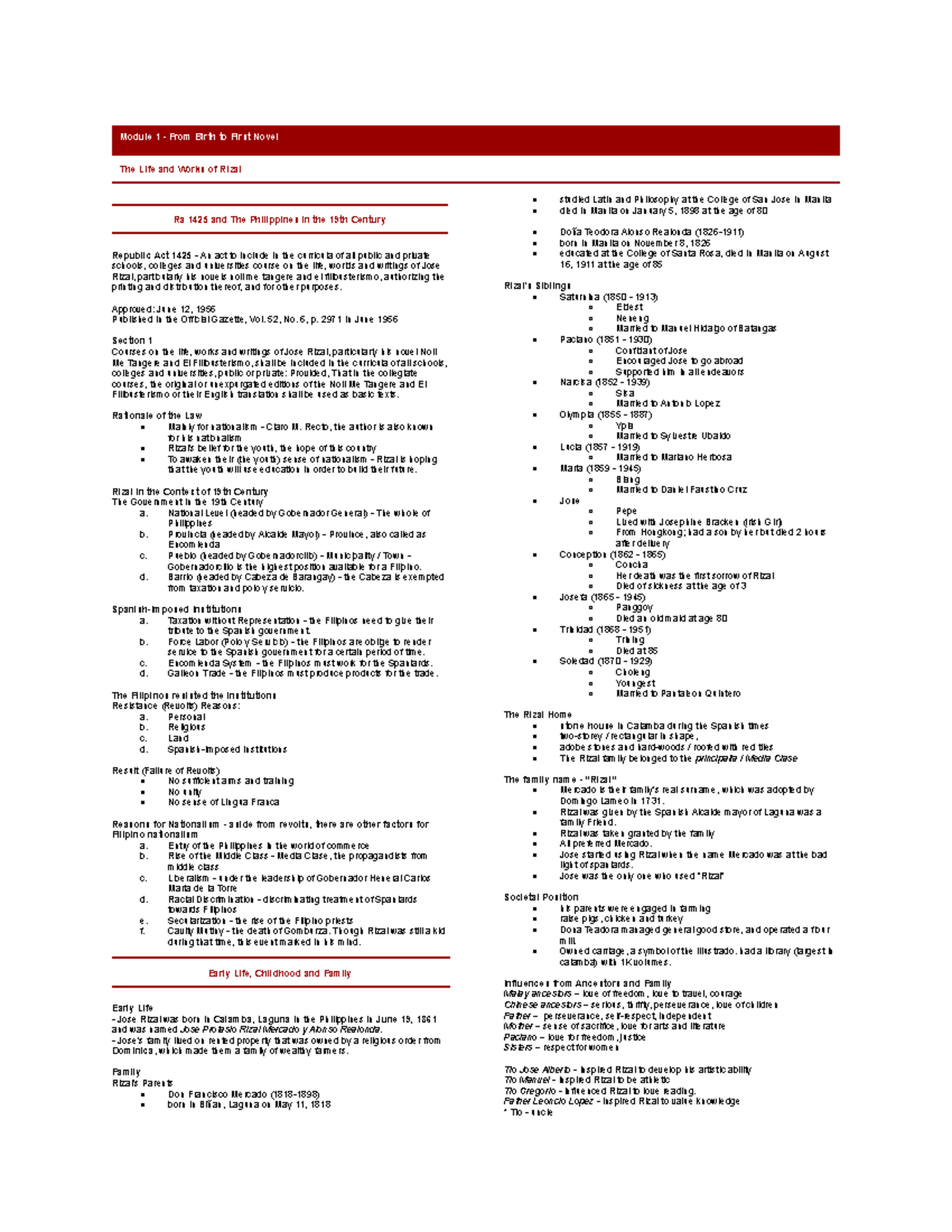 Rizal's Life and Works - Midterm Reviewer (Course RA 1425) - Studocu