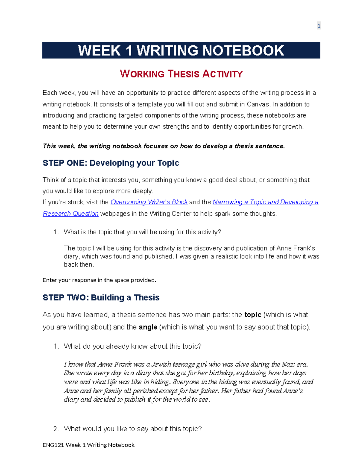 Week 1 Writing Notebook Template - 1 WEEK 1 WRITING NOTEBOOK WORKING ...