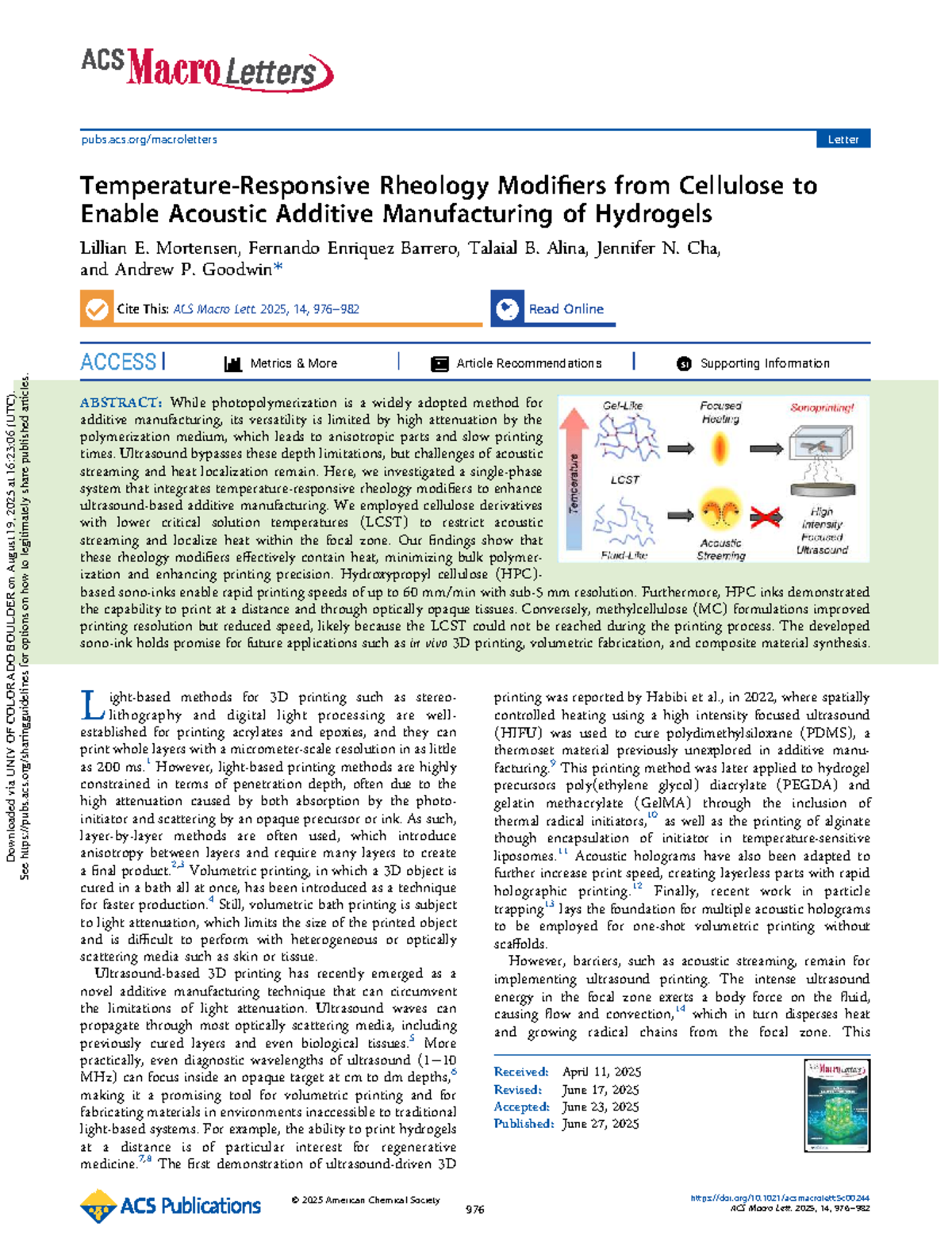 Temperature-Responsive Rheology Modifiers for Ultrasound 3D Printing ...