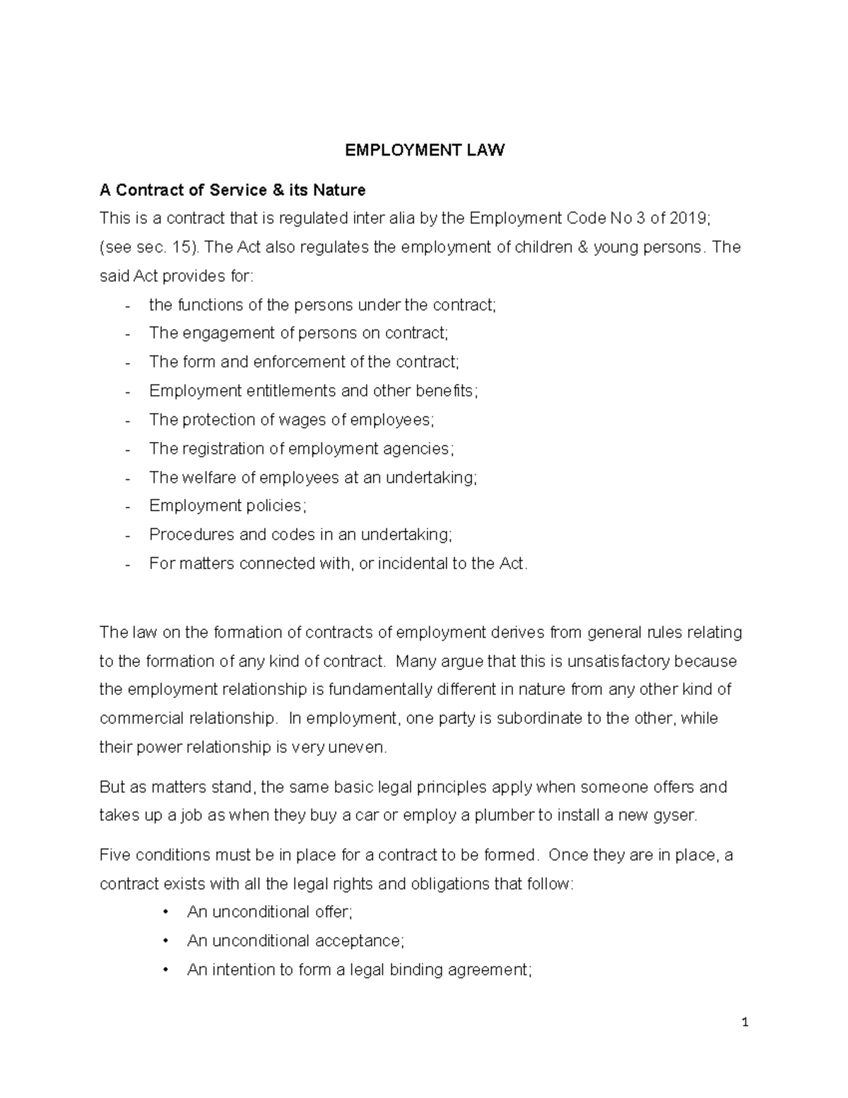 Employment Law Class Notes - January 2023 - EMPLOYMENT LAW A Contract ...