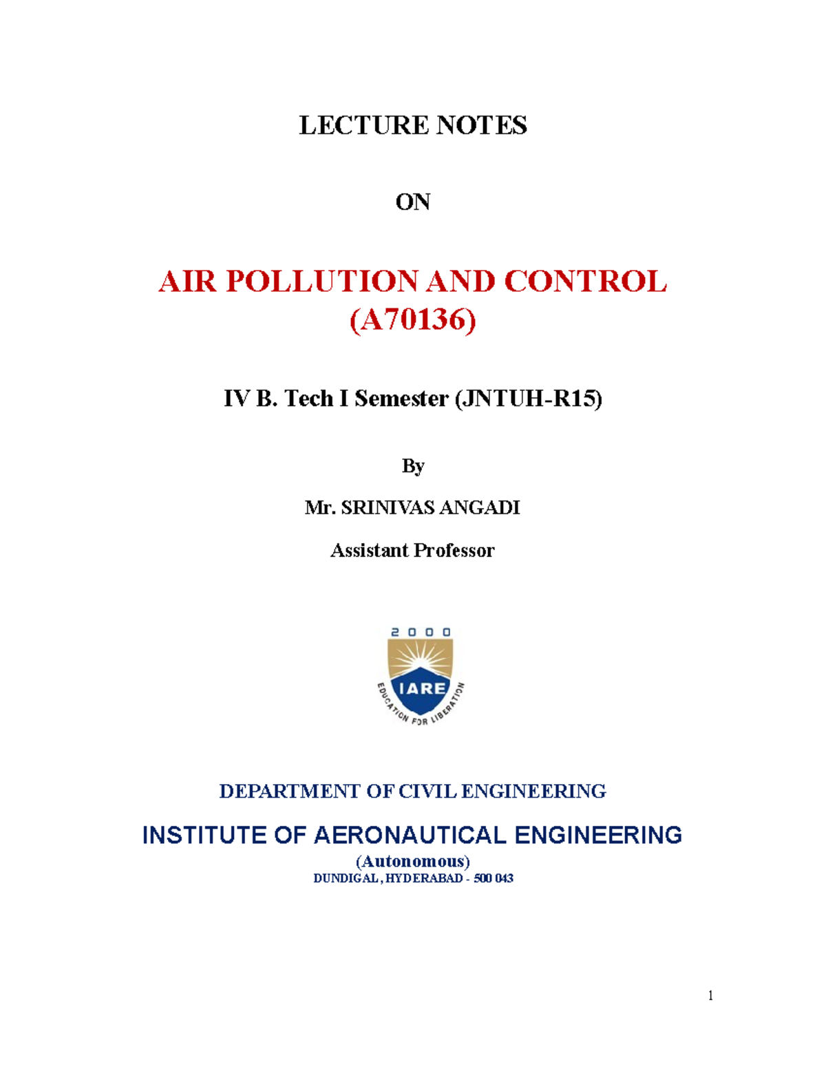 APC Lecture Notes on Air Pollution & Control (A70136) - IV B.Tech - Studocu